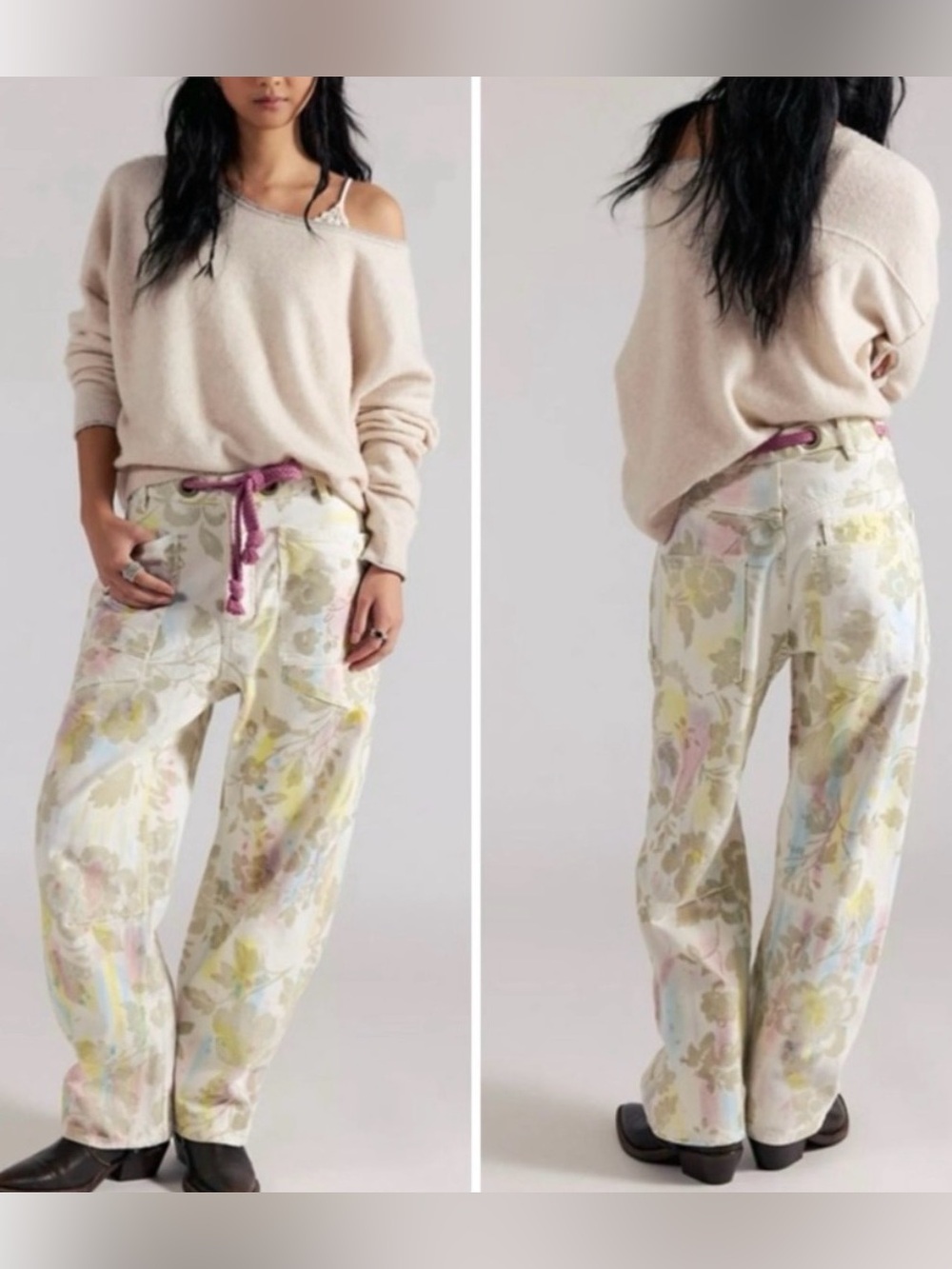 NWT Free People We The Free Moxie Printed Flocked Barrel Jeans ivory floral - 29